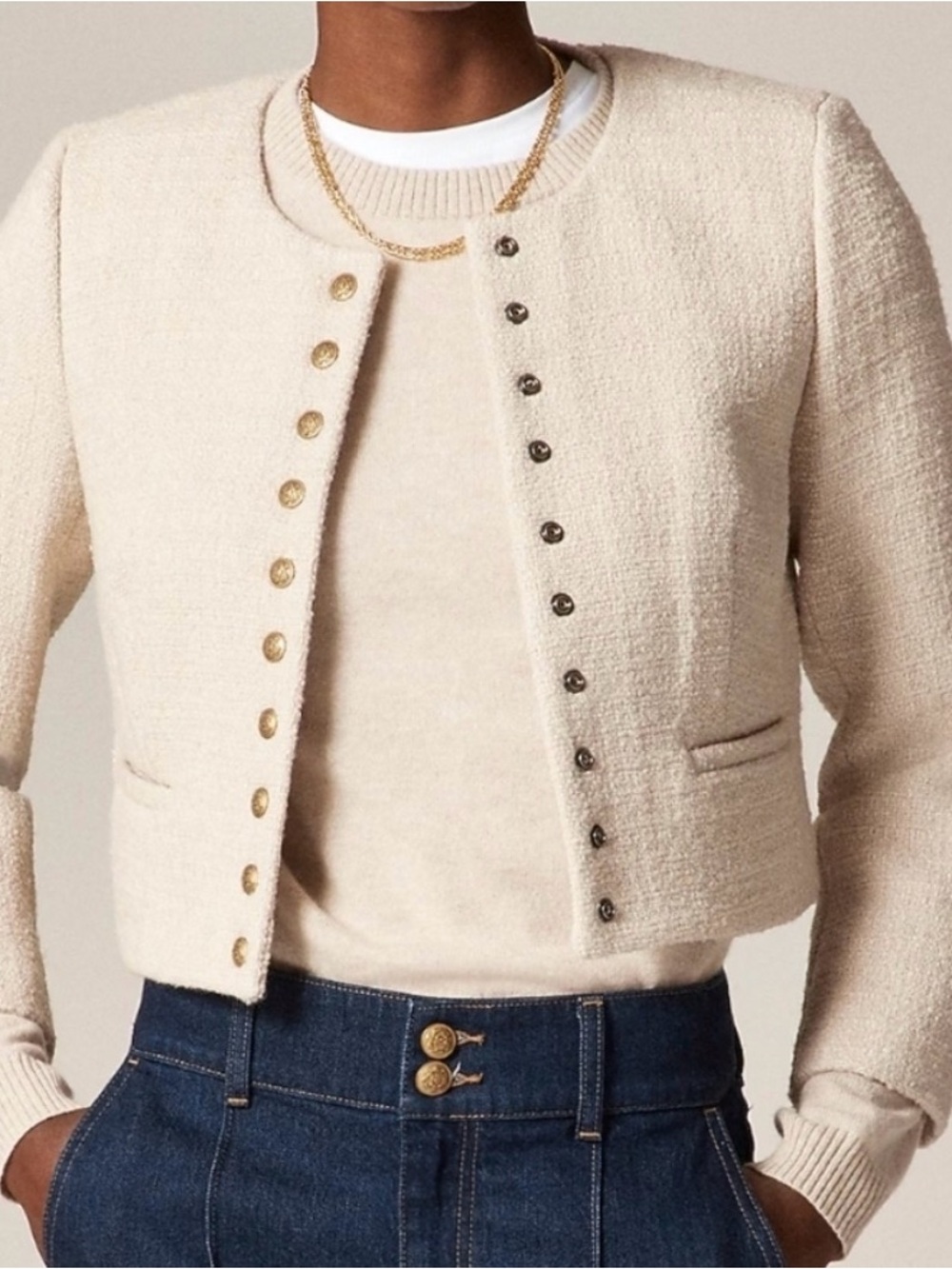 J.Crew Bridgette Lady Jacket Tweed Cream Ivory Gold Button Blazer Sz 6 $268 FLAW